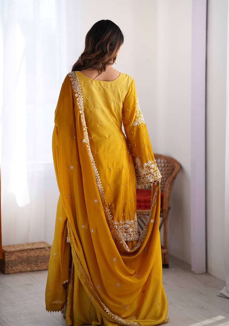 Yellow Embroidered Chinon Silk Palazzo Set With Dupatta - Indya
