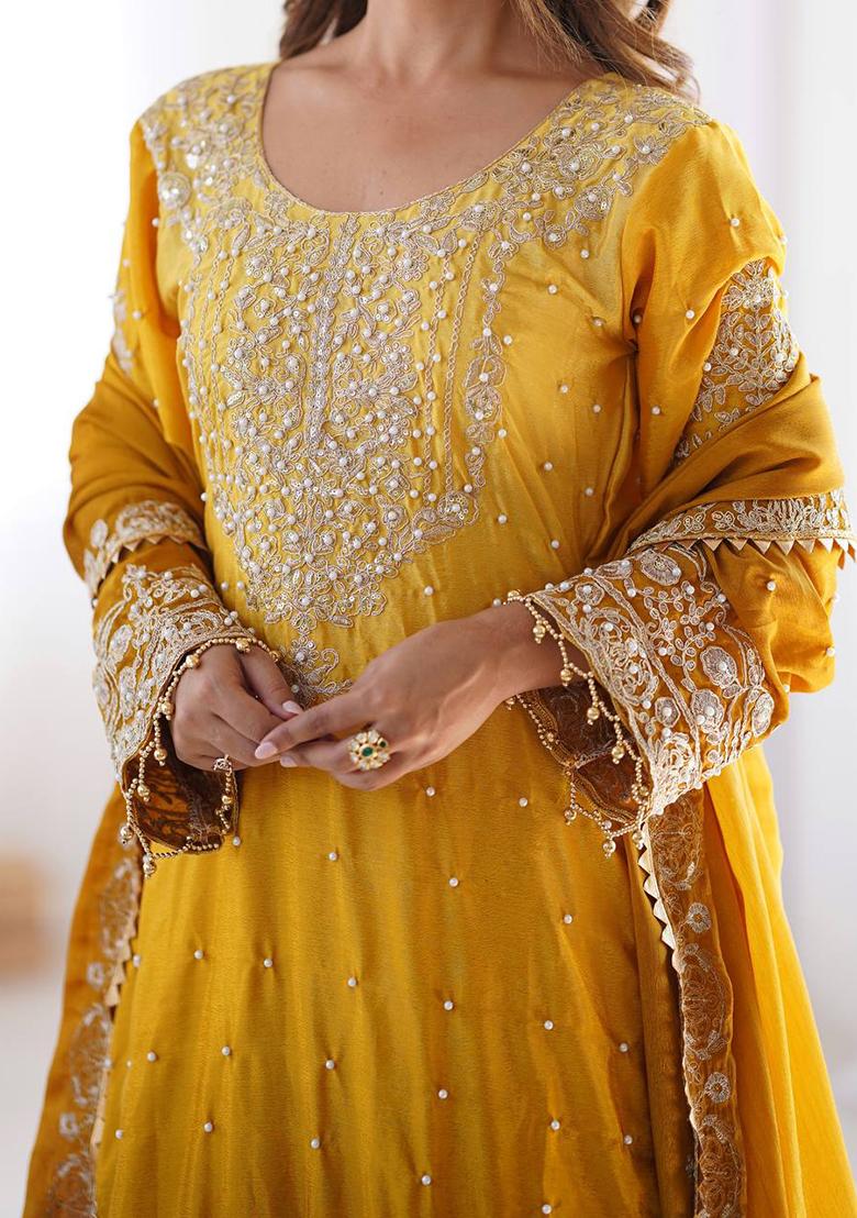 Yellow Embroidered Chinon Silk Palazzo Set With Dupatta