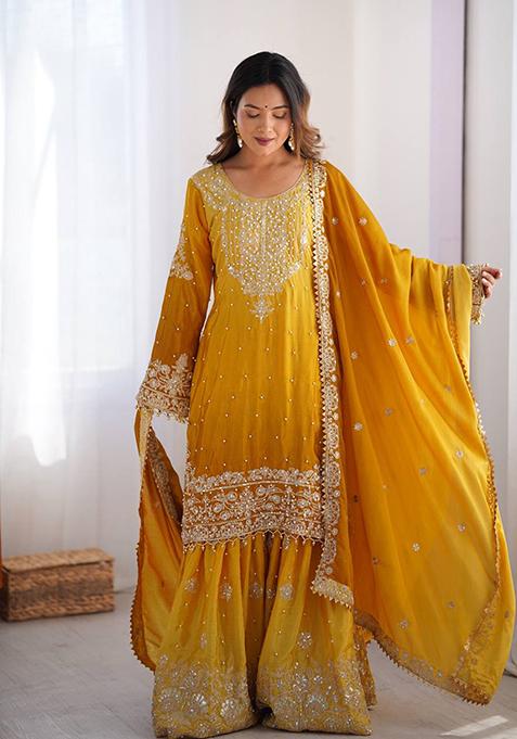 Yellow Embroidered Chinon Silk Palazzo Set With Dupatta