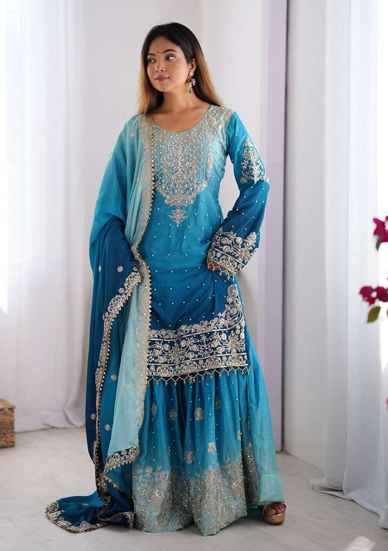 Sky Blue Embroidered Chinon Silk Palazzo Set With Dupatta - Indya