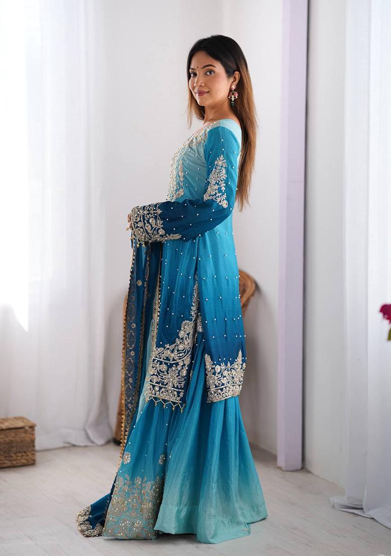 Sky Blue Embroidered Chinon Silk Palazzo Set With Dupatta