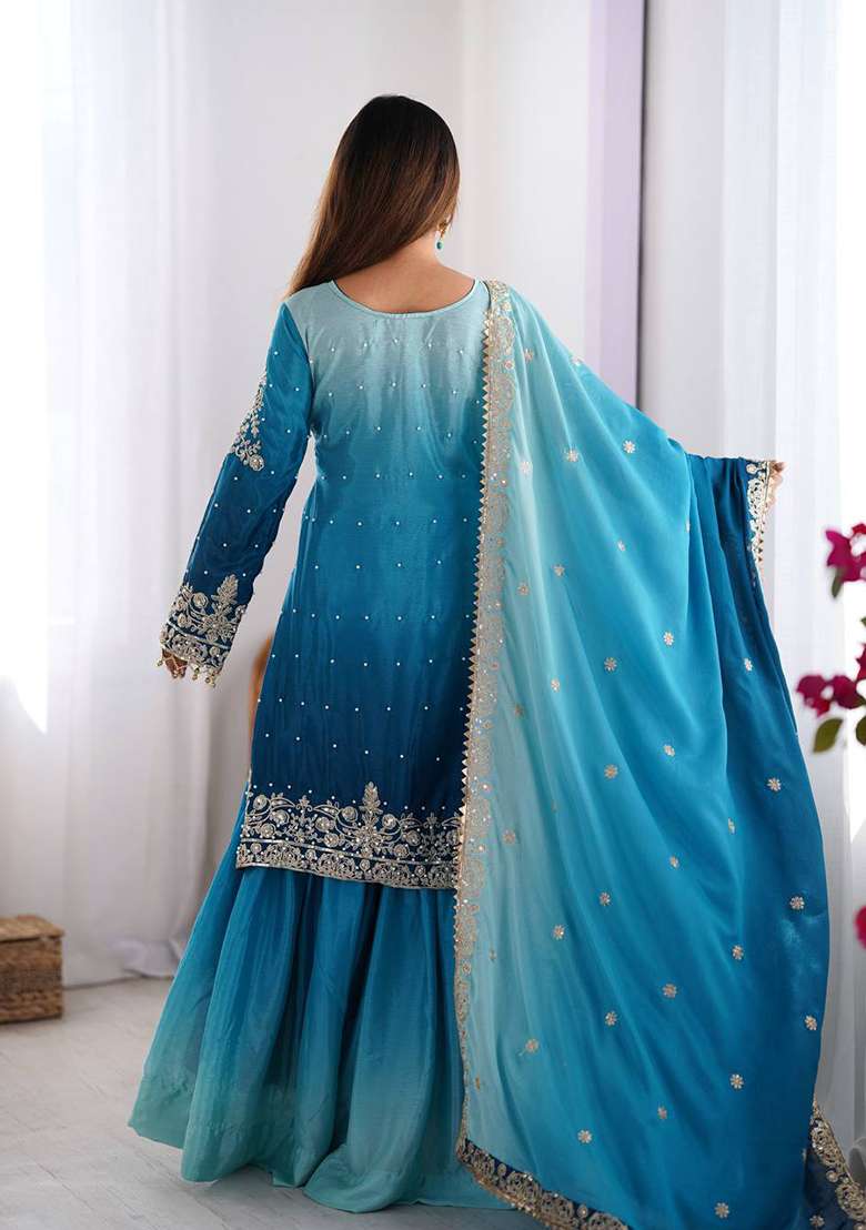 Sky Blue Embroidered Chinon Silk Palazzo Set With Dupatta - Indya