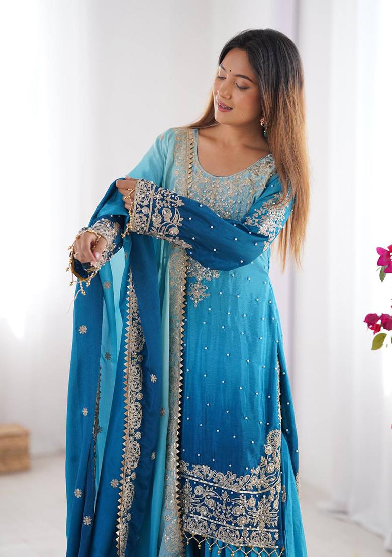 Sky Blue Embroidered Chinon Silk Palazzo Set With Dupatta