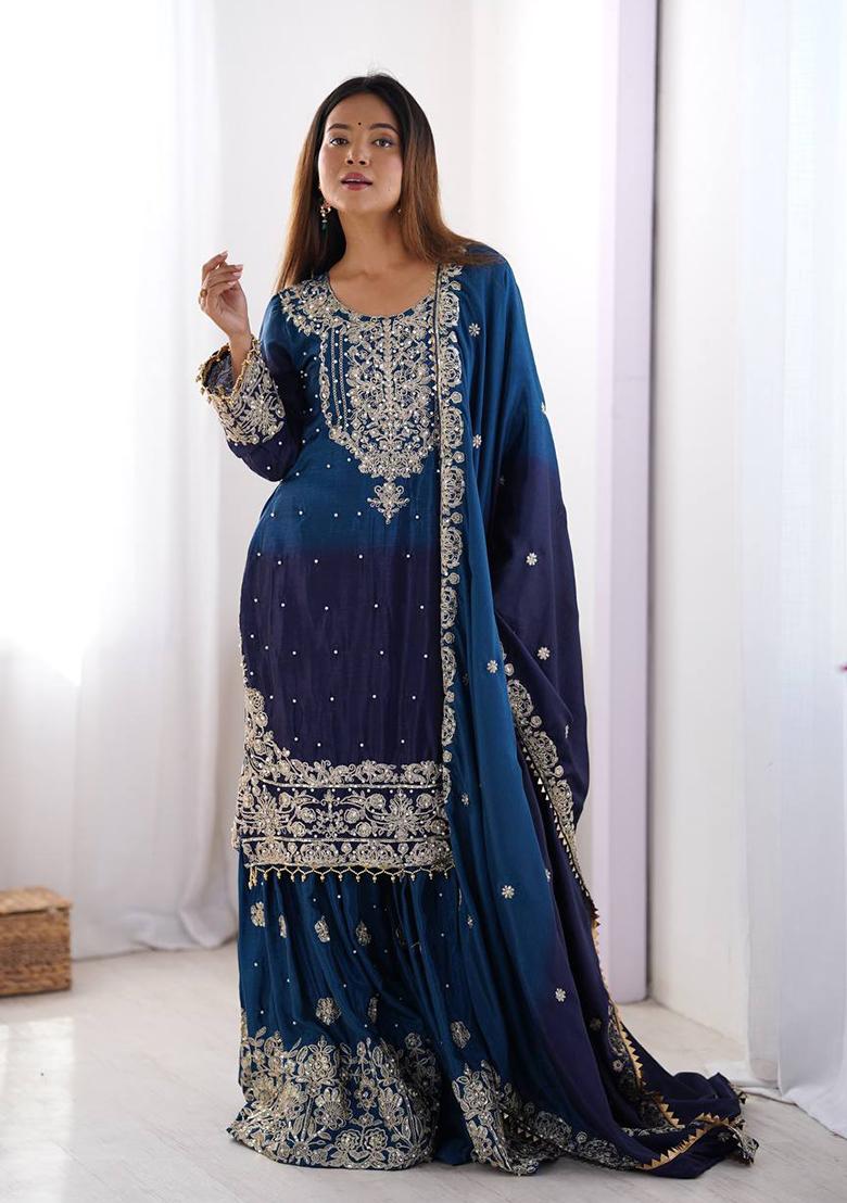 Blue Embroidered Chinon Silk Palazzo Set With Dupatta