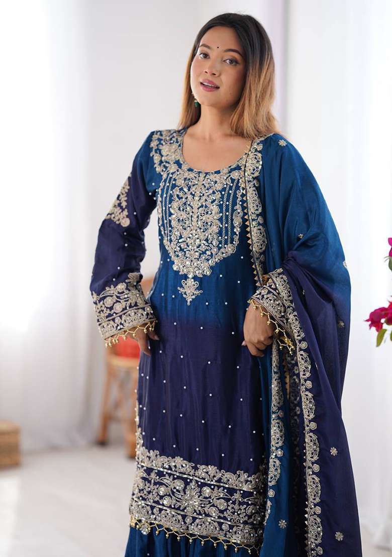 Blue Embroidered Chinon Silk Blend Palazzo Set With Dupatta - Indya