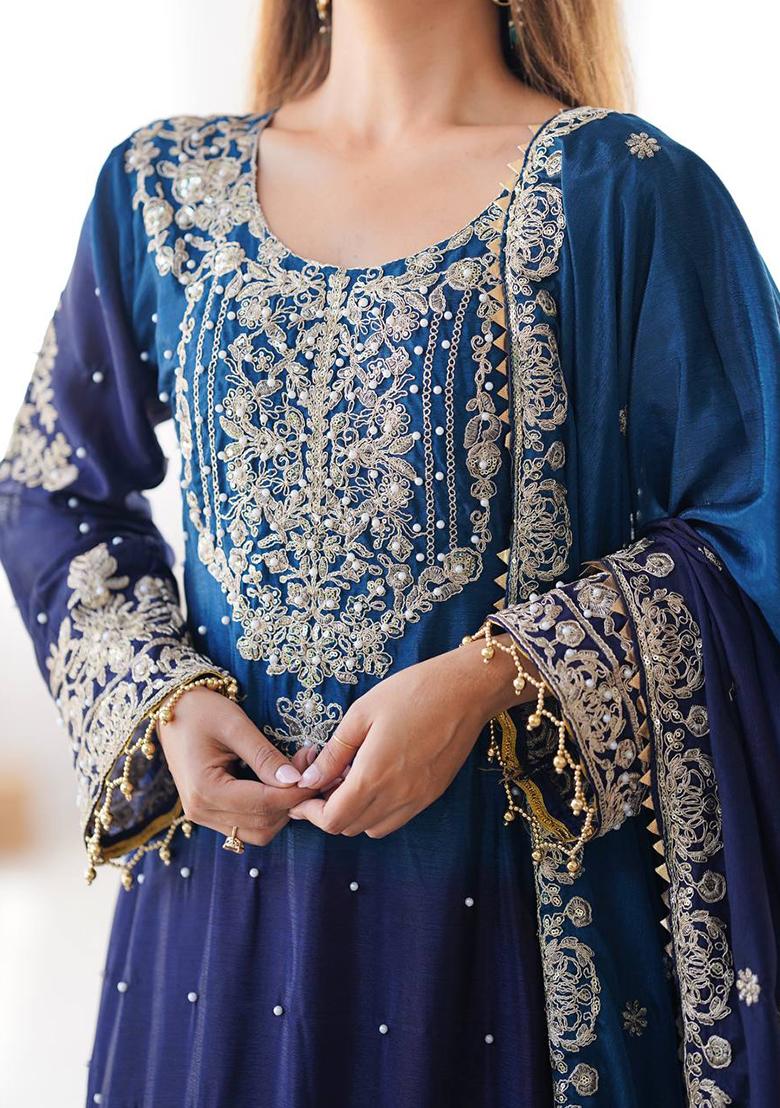 Blue Embroidered Chinon Silk Palazzo Set With Dupatta
