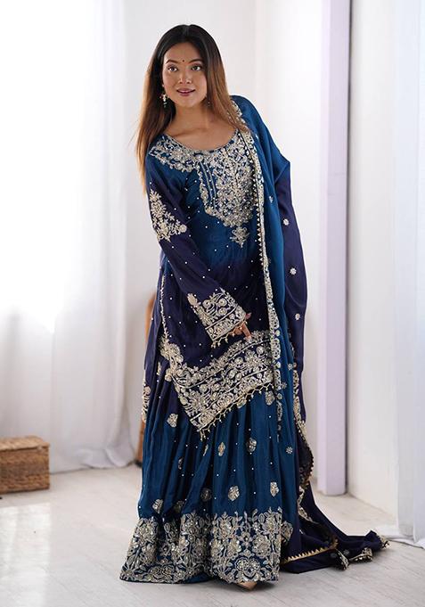 Blue Embroidered Chinon Silk Palazzo Set With Dupatta