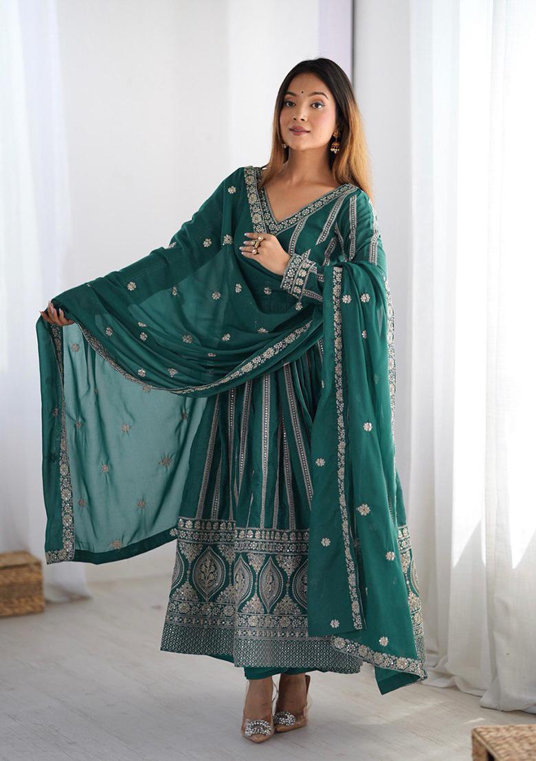 Green Embroidered Georgette Anarakli Set With Dupatta