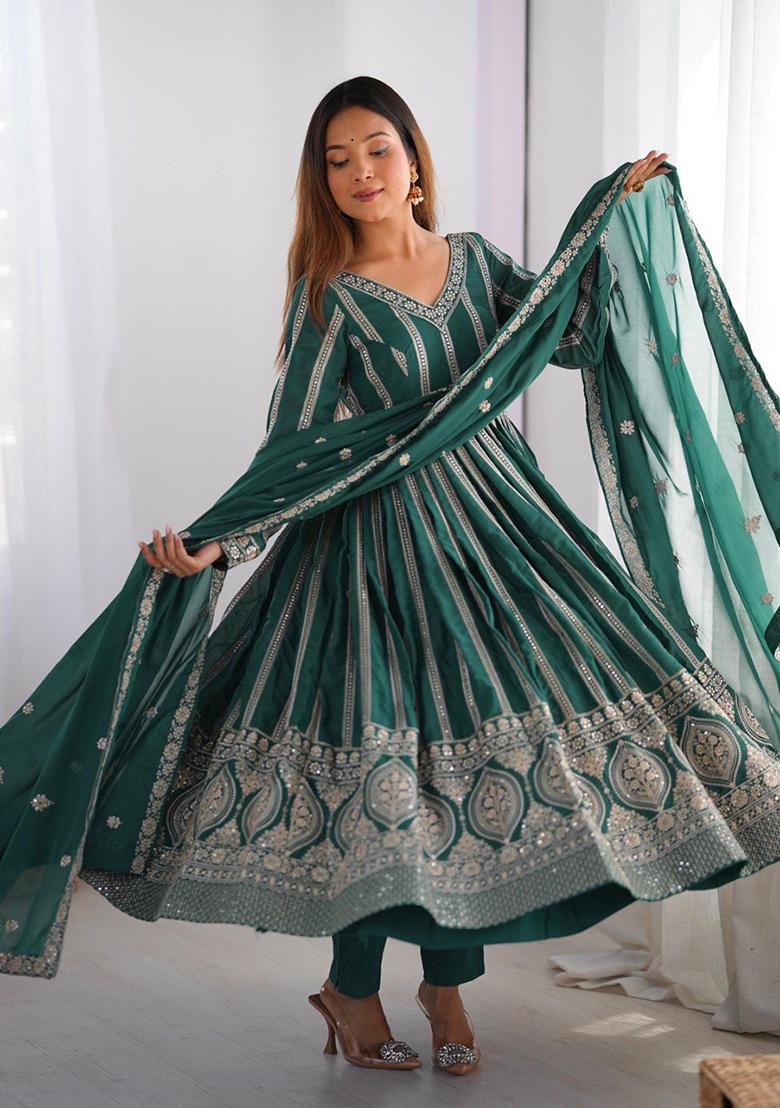 Green Embroidered Georgette Anarakli Set With Dupatta