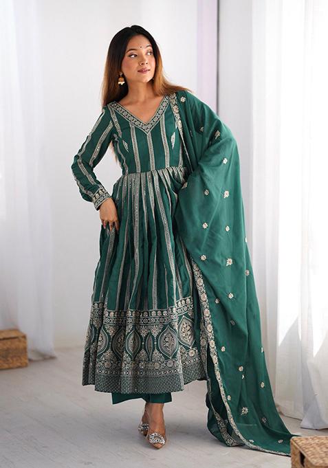 Green Embroidered Georgette Anarakli Set With Dupatta