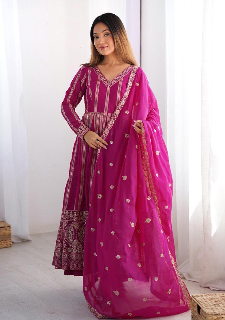 Pink Embroidered Georgette Anarakli Set With Dupatta