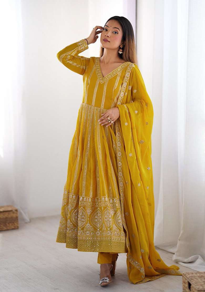 Yellow Embroidered Georgette Anarakli Set With Dupatta - Indya