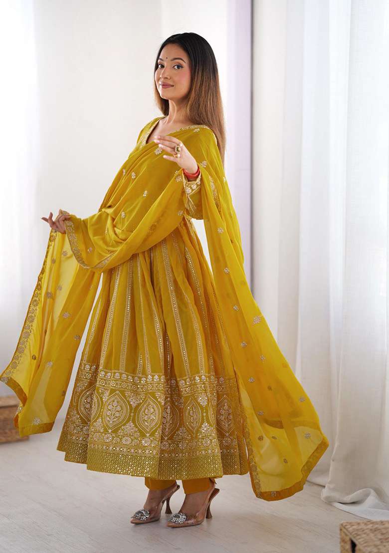 Yellow Embroidered Georgette Anarakli Set With Dupatta - Indya