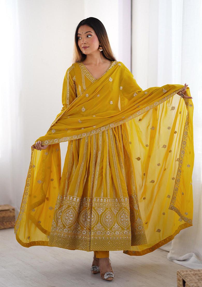 Yellow Embroidered Georgette Anarakli Set With Dupatta