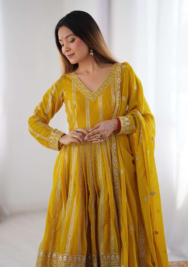 Yellow Embroidered Georgette Anarakli Set With Dupatta - Indya