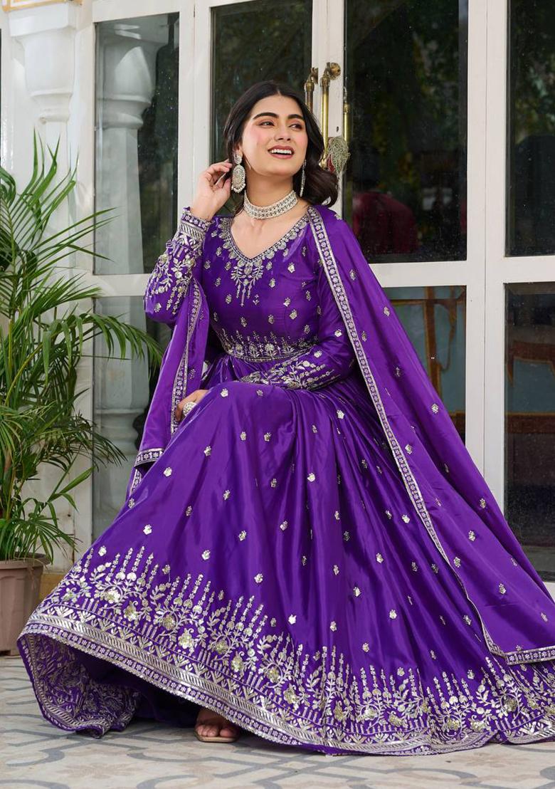 Purple Embroidered Silk Anarakli Set With Dupatta