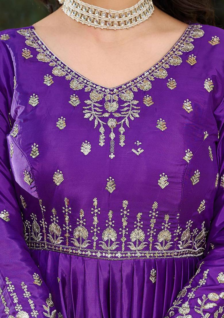 Purple Embroidered Silk Anarakli Set With Dupatta