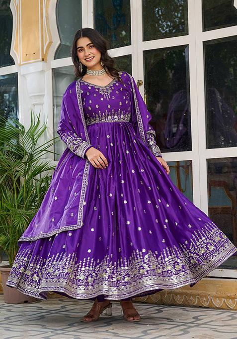 Purple Embroidered Silk Anarakli Set With Dupatta