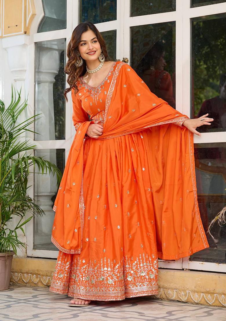 Orange Embroidered Silk Anarakli Set With Dupatta