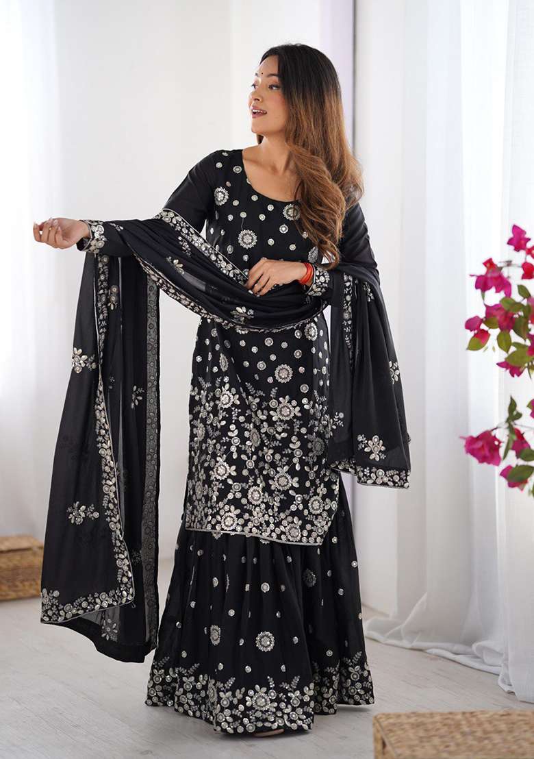 Black Embroidered Georgette Palazzo Set With Dupatta - Indya