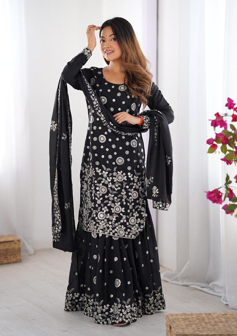 Black Embroidered Georgette Palazzo Set With Dupatta