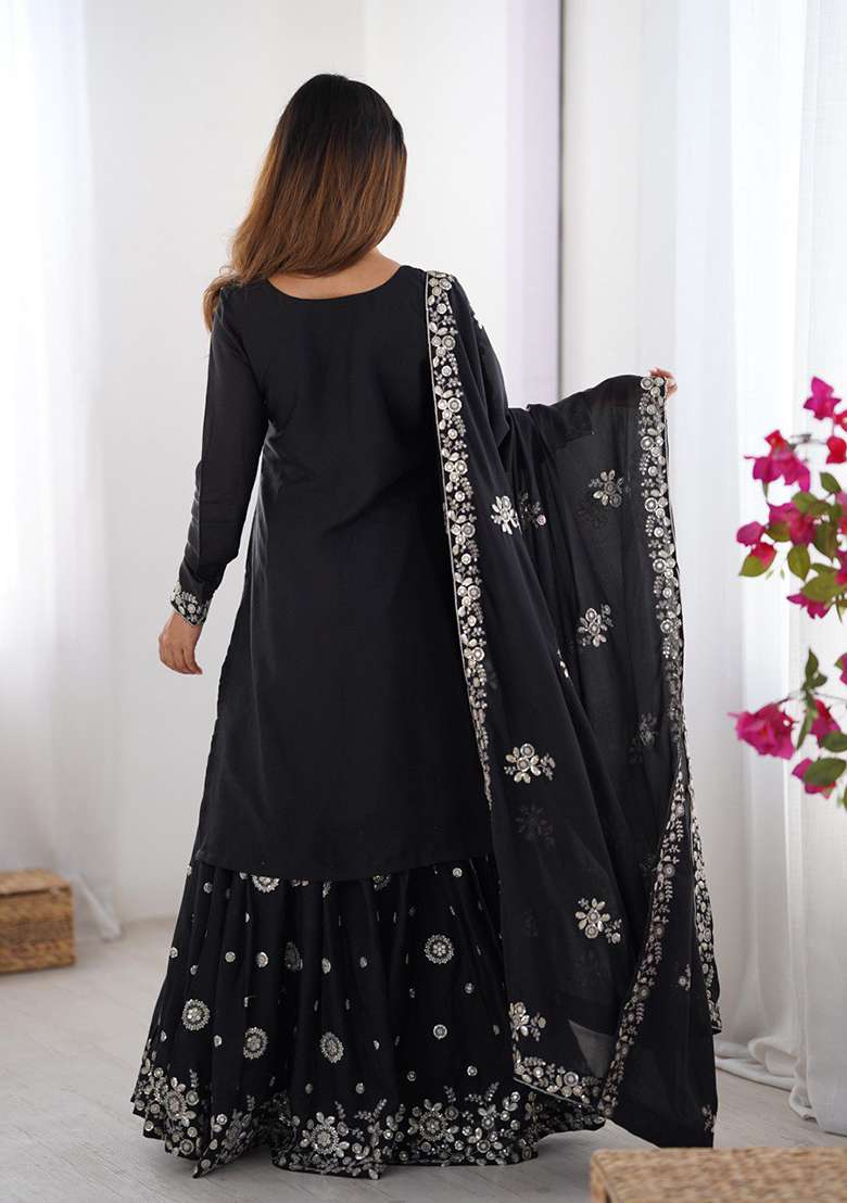 Black Embroidered Georgette Palazzo Set With Dupatta - Indya