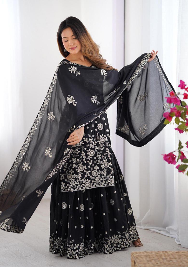 Black Embroidered Georgette Palazzo Set With Dupatta