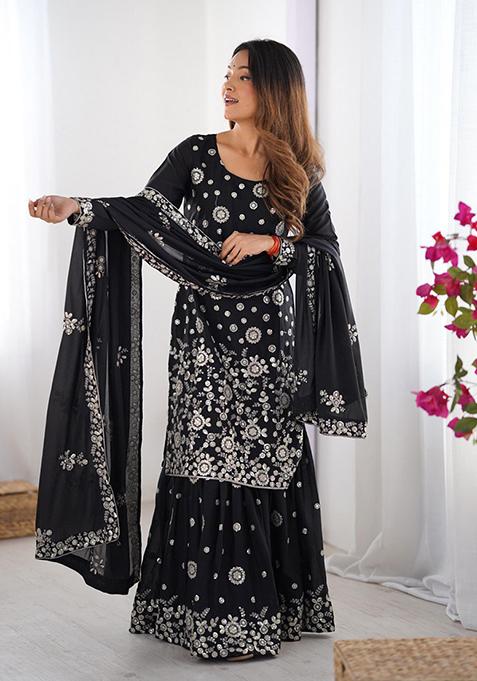 Black Embroidered Georgette Palazzo Set With Dupatta