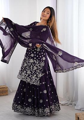 Purple Embroidered Georgette Palazzo Set With Dupatta