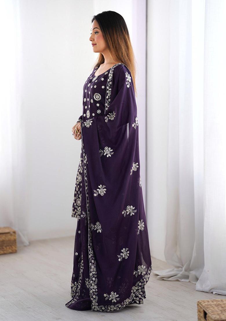 Purple Embroidered Georgette Palazzo Set With Dupatta