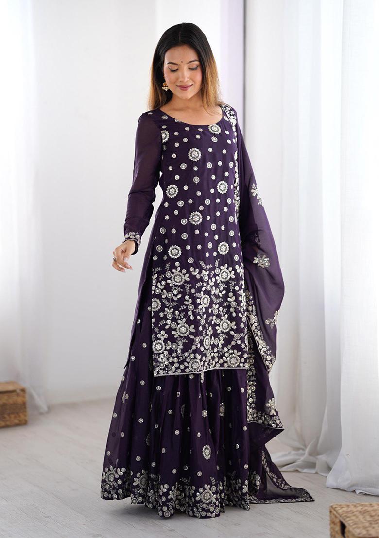 Purple Embroidered Georgette Palazzo Set With Dupatta