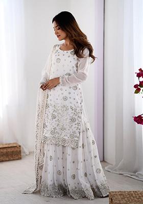 White Embroidered Georgette Palazzo Set With Dupatta