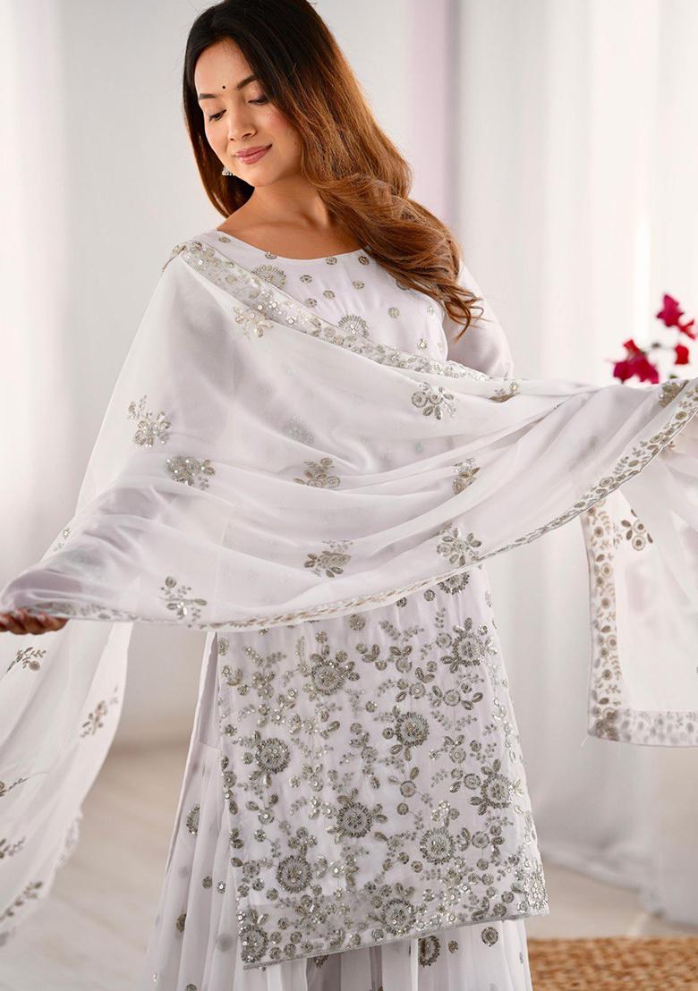 White Embroidered Georgette Palazzo Set With Dupatta