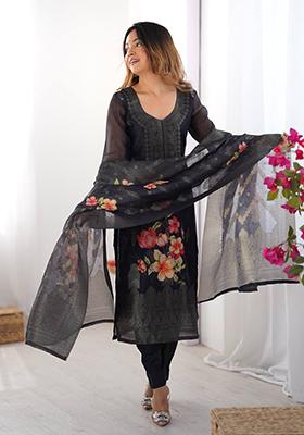 Black Printed  Silk Palazzo Set With Dupatta