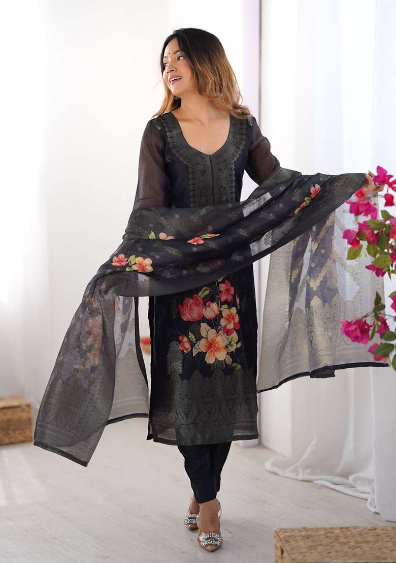Black Printed  Silk Palazzo Set With Dupatta - Indya