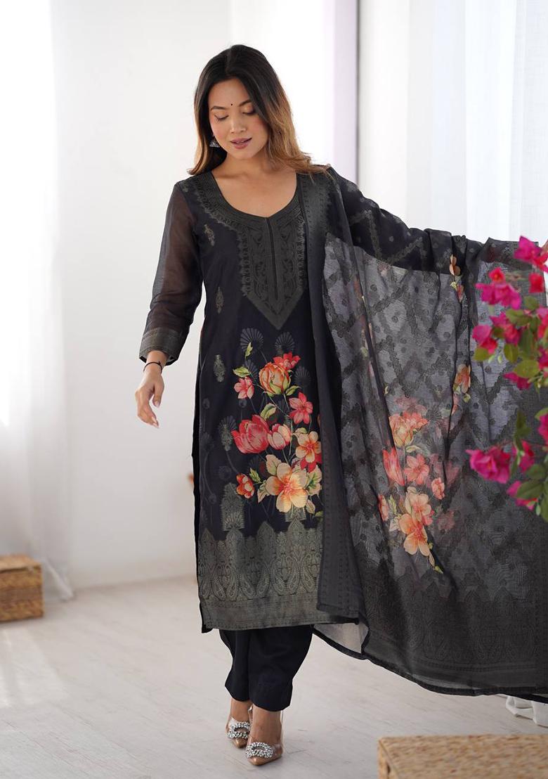 Black Printed  Silk Palazzo Set With Dupatta