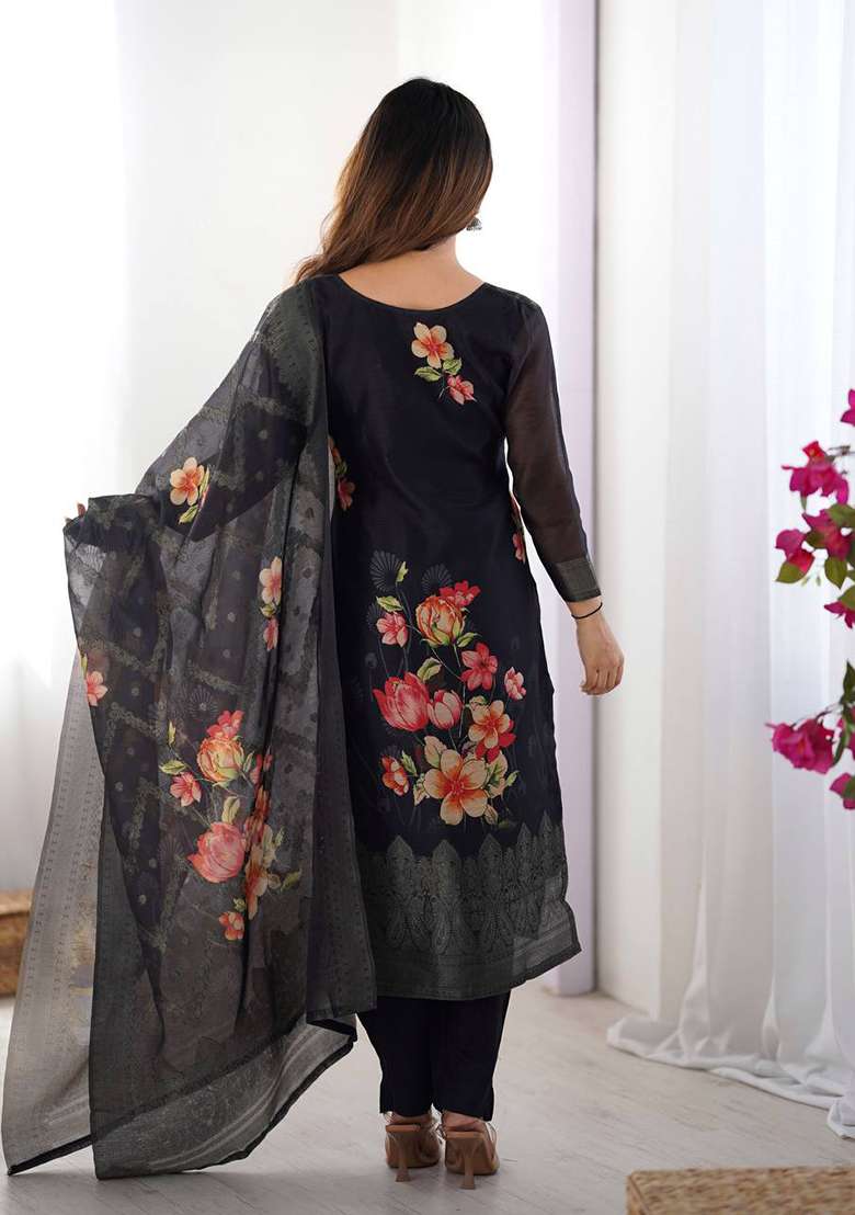 Black Printed  Silk Palazzo Set With Dupatta - Indya
