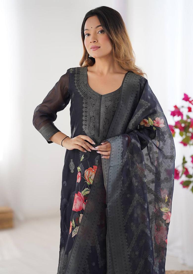 Black Printed  Silk Palazzo Set With Dupatta