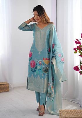Sky Blue Printed  Silk Palazzo Set With Dupatta
