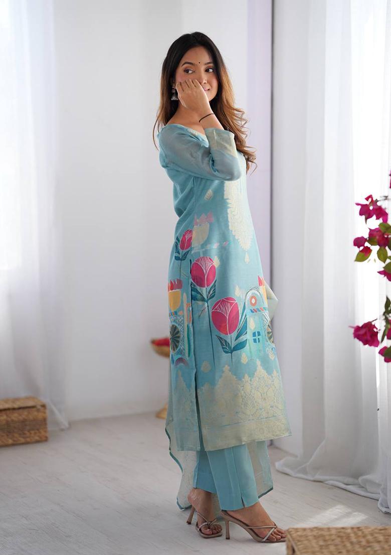 Sky Blue Printed  Silk Palazzo Set With Dupatta