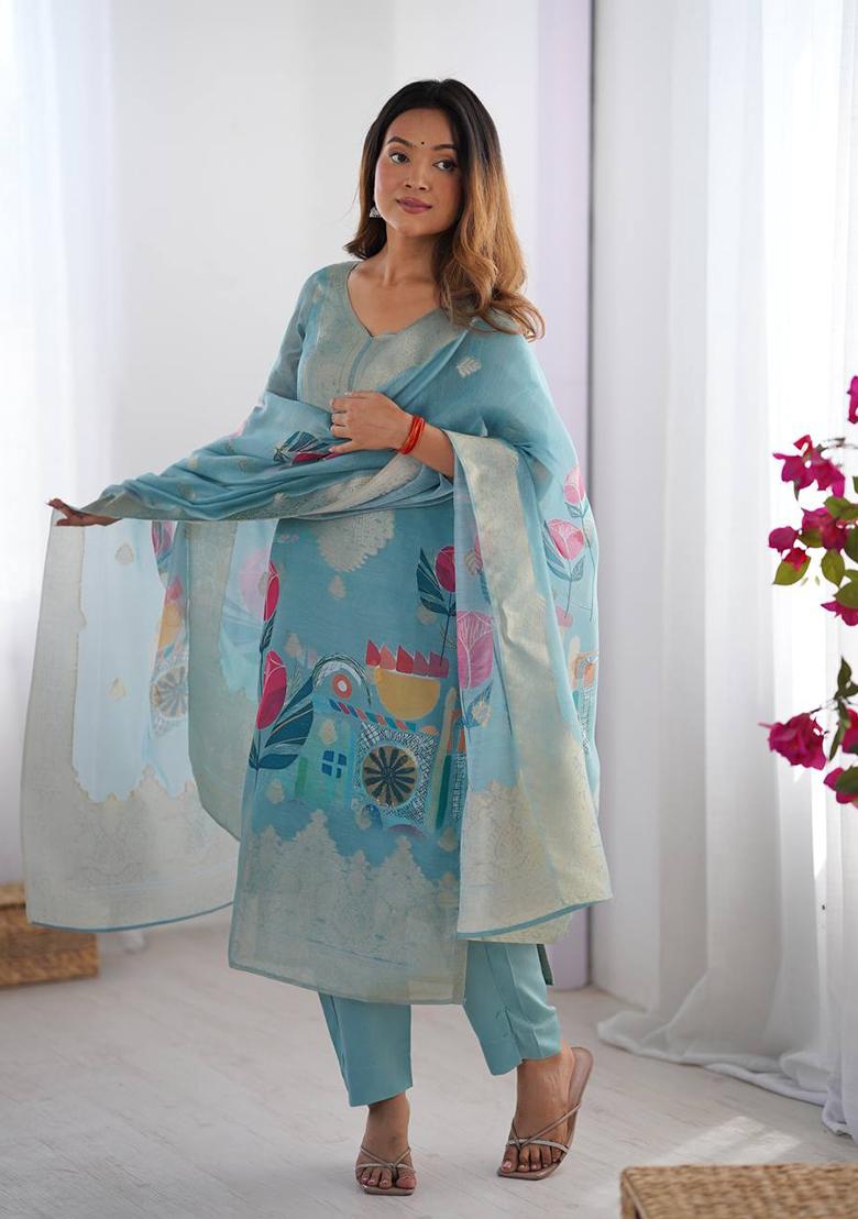 Sky Blue Printed  Silk Palazzo Set With Dupatta
