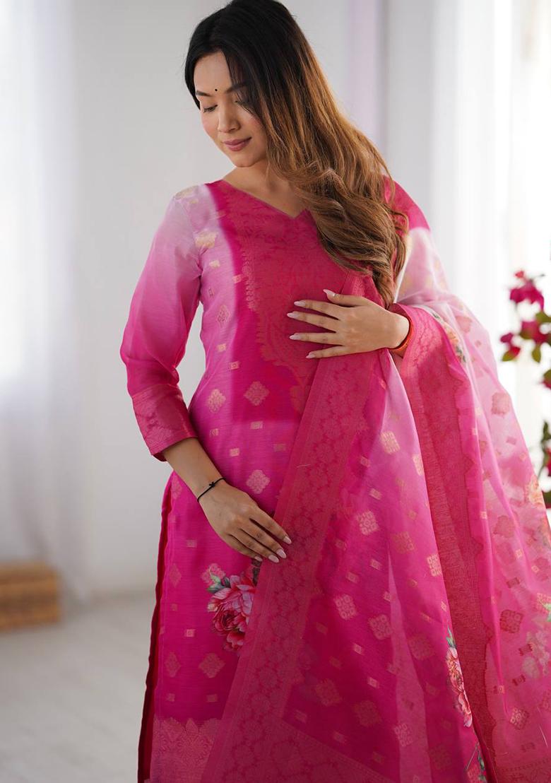 Pink Printed  Silk Palazzo Set With Dupatta