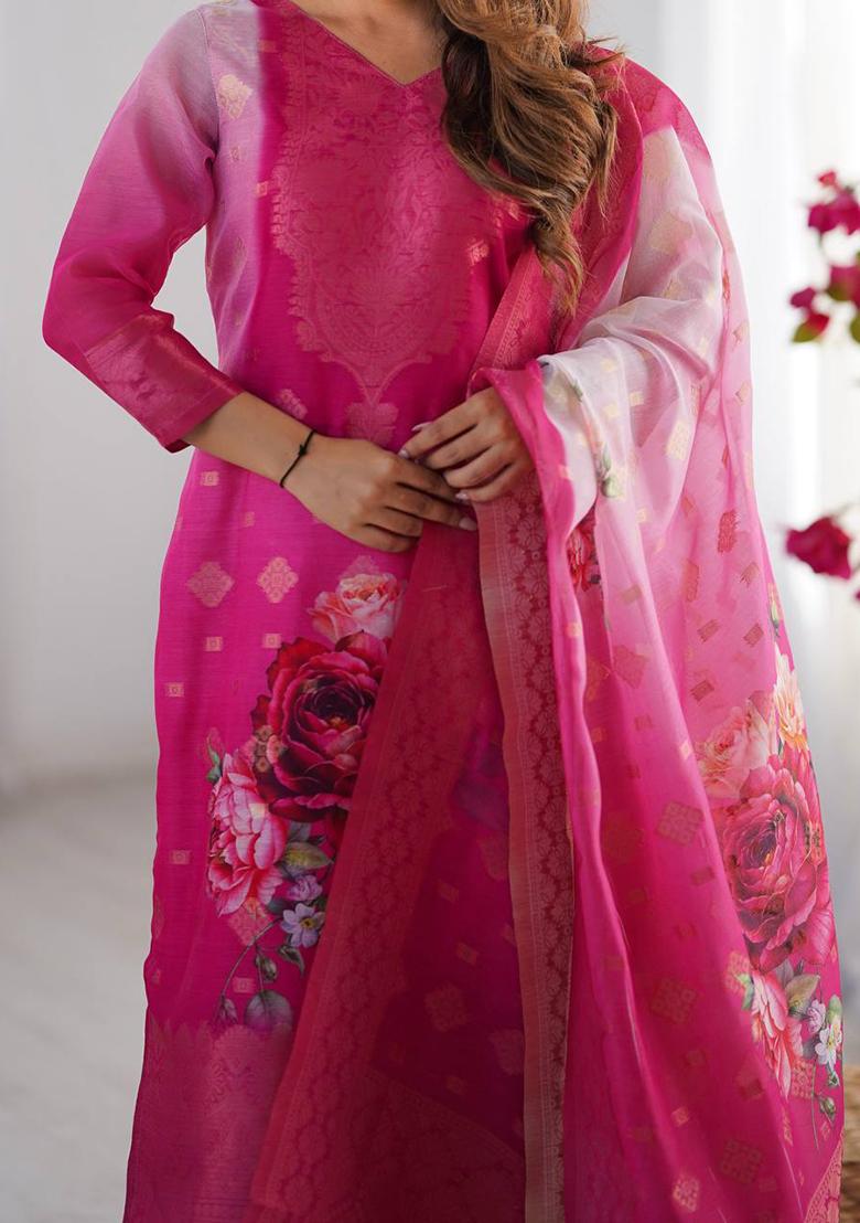 Pink Printed  Silk Palazzo Set With Dupatta