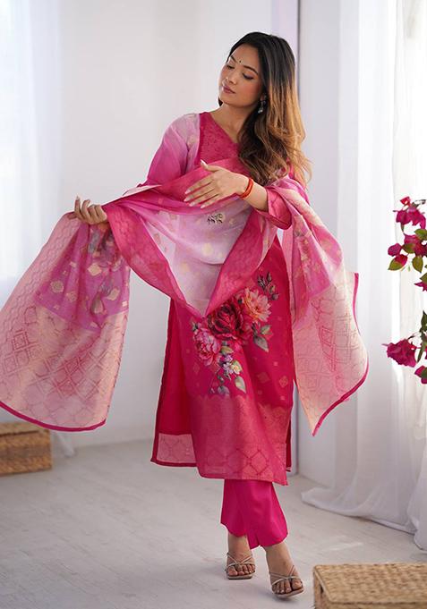 Pink Printed  Silk Palazzo Set With Dupatta