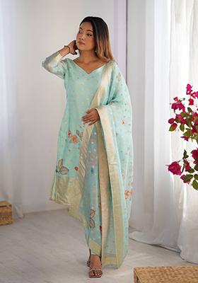 Pista Green Printed  Silk Palazzo Set With Dupatta