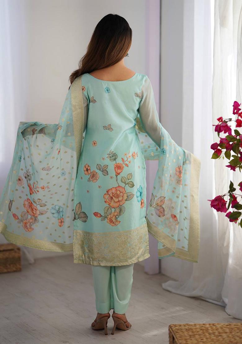 Pista Green Printed  Silk Palazzo Set With Dupatta