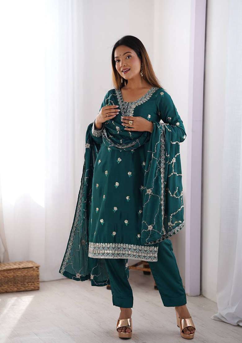 Green Embroidered Chinon Silk Palazzo Set With Dupatta - Indya
