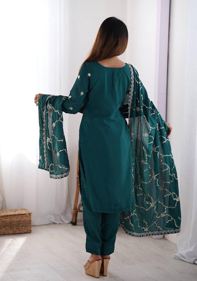 Green Embroidered Chinon Silk Palazzo Set With Dupatta
