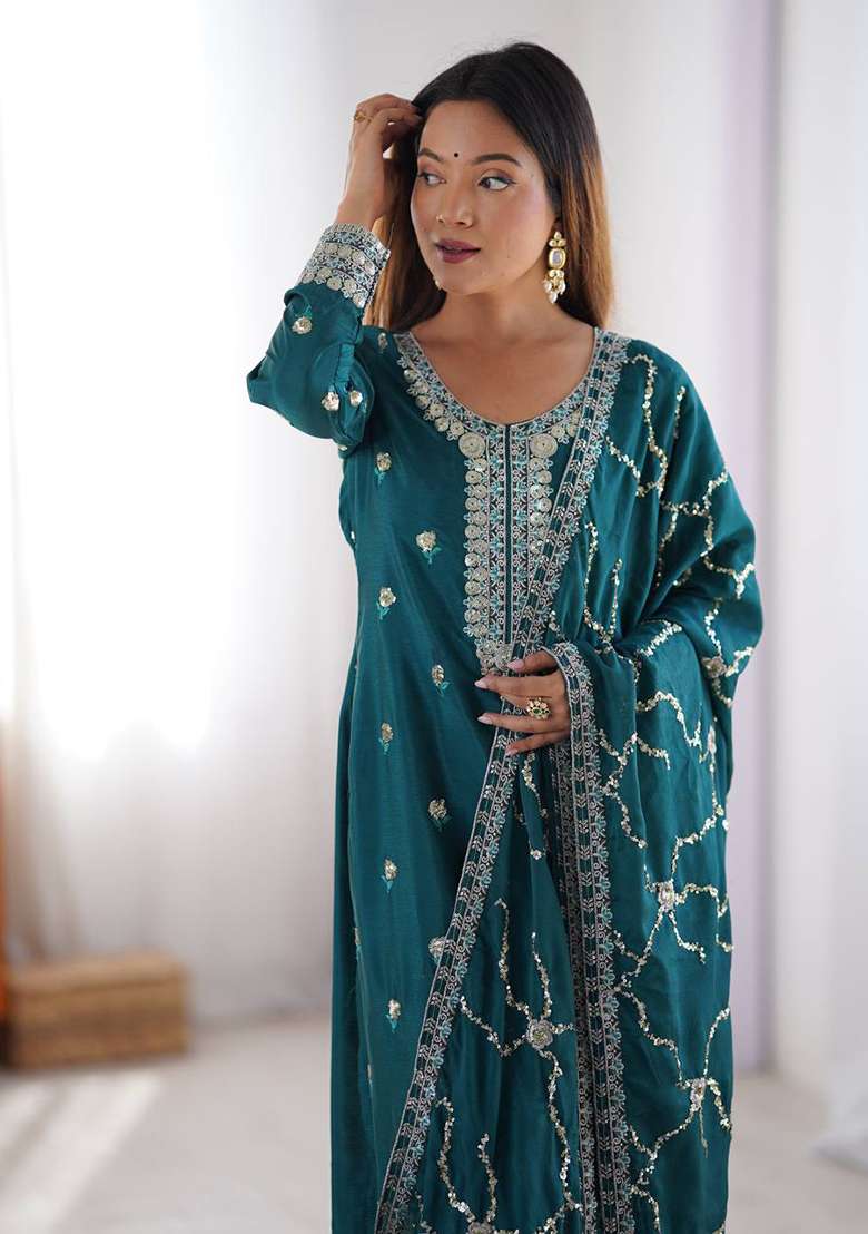 Green Embroidered Chinon Silk Palazzo Set With Dupatta - Indya