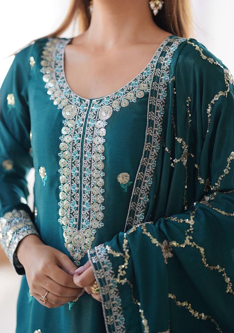 Green Embroidered Chinon Silk Palazzo Set With Dupatta